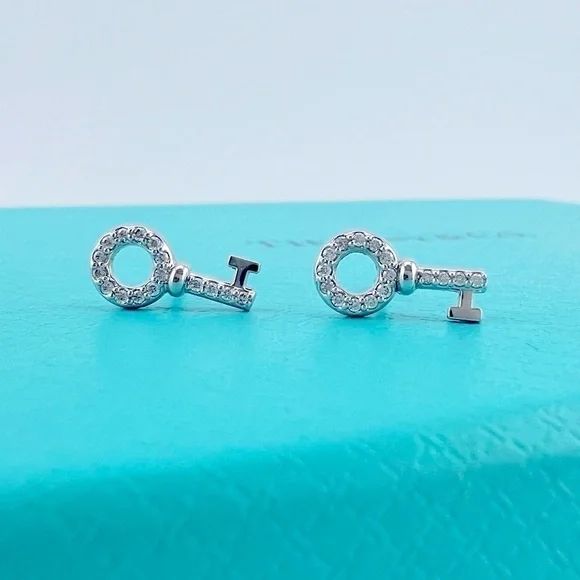 RARE Tiffany & Co. 💎 Diamond Key Earrings in 18k White Gold - Picture 1 of 7